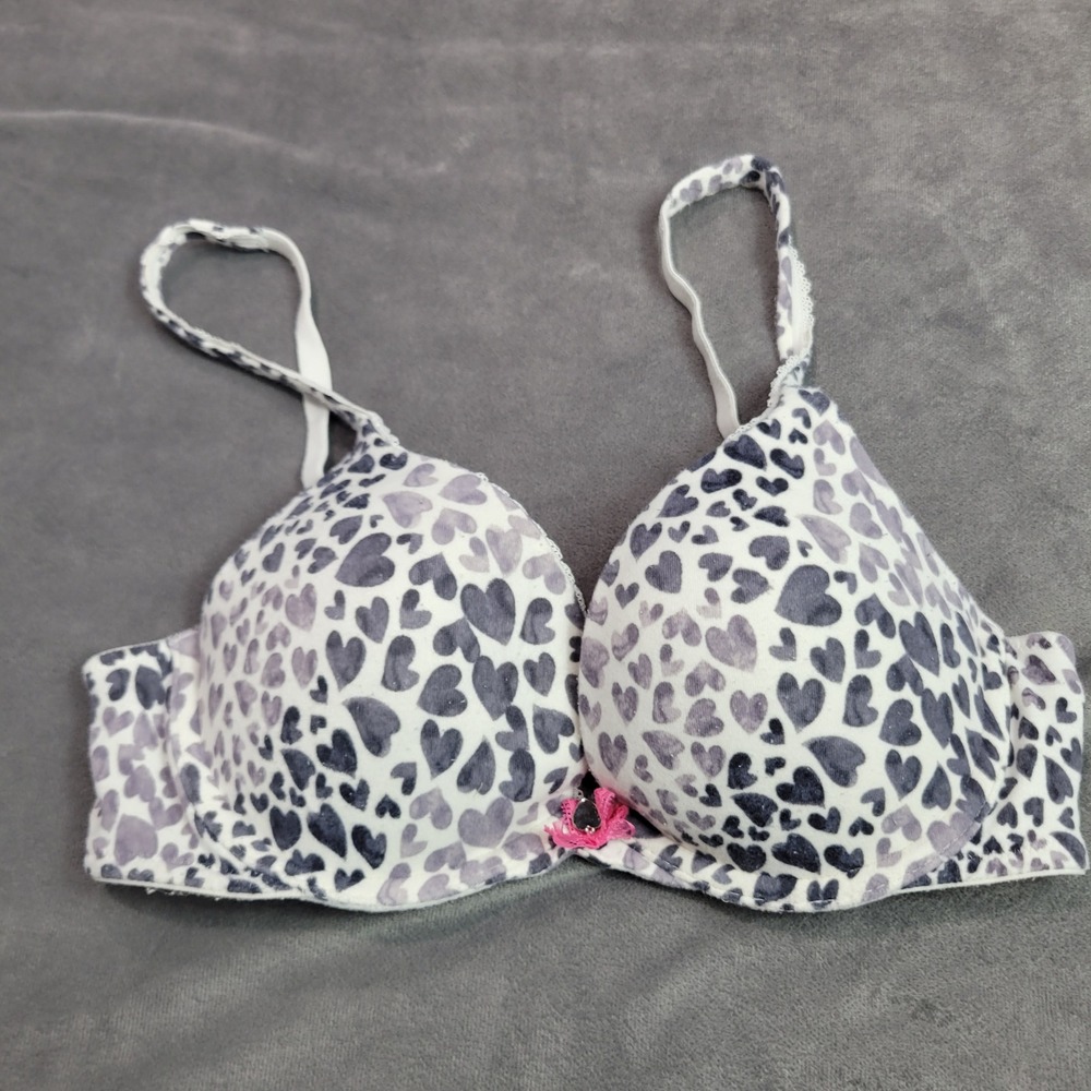 Victoria's Secret Body by Victoria Push-Up Bra 34B Grey Purple Heart Print 10864